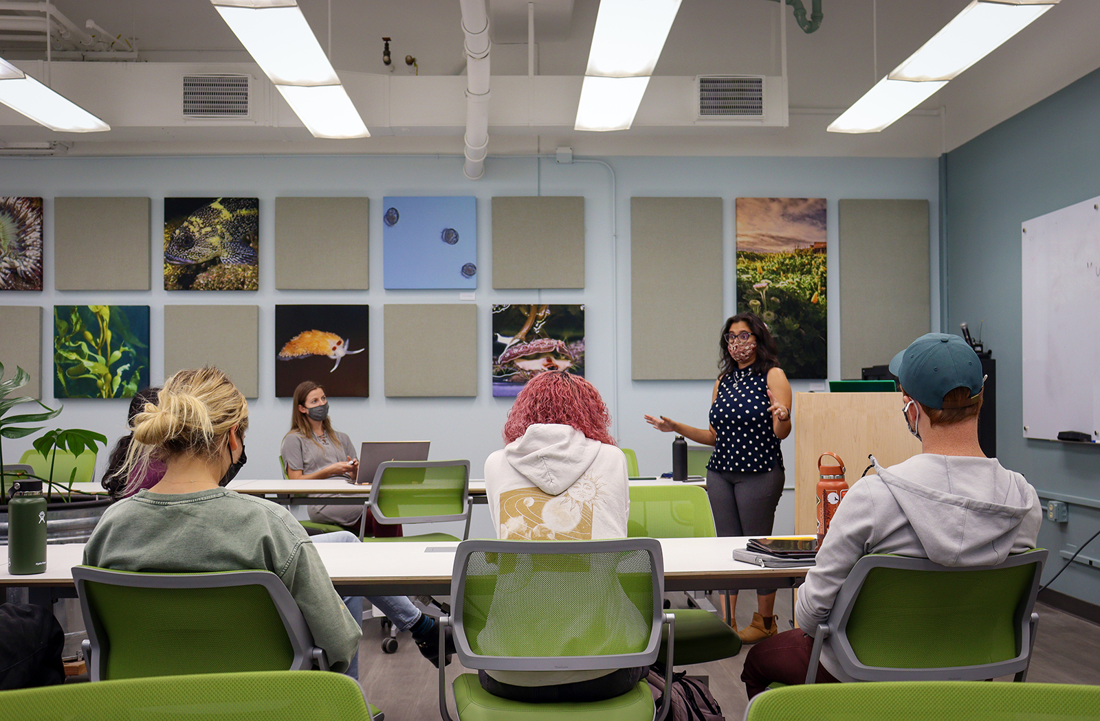 Meghan Zulian (seated, furthest row from the camera) observes as Priya Shukla (standing) gives a guest lecture on science writing for the Fall 2021 Professional Development Class.