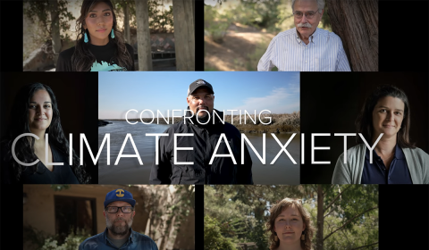 Several portraits of scientists in the background, with the words Confronting Climate Anxiety in the foreground