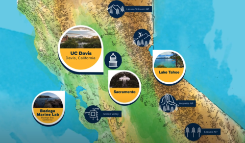A map of northern California with markers showing UC Davis, Bodega Marine Laboratory, Lake Tahoe, Sacramento, and other areas of interest.