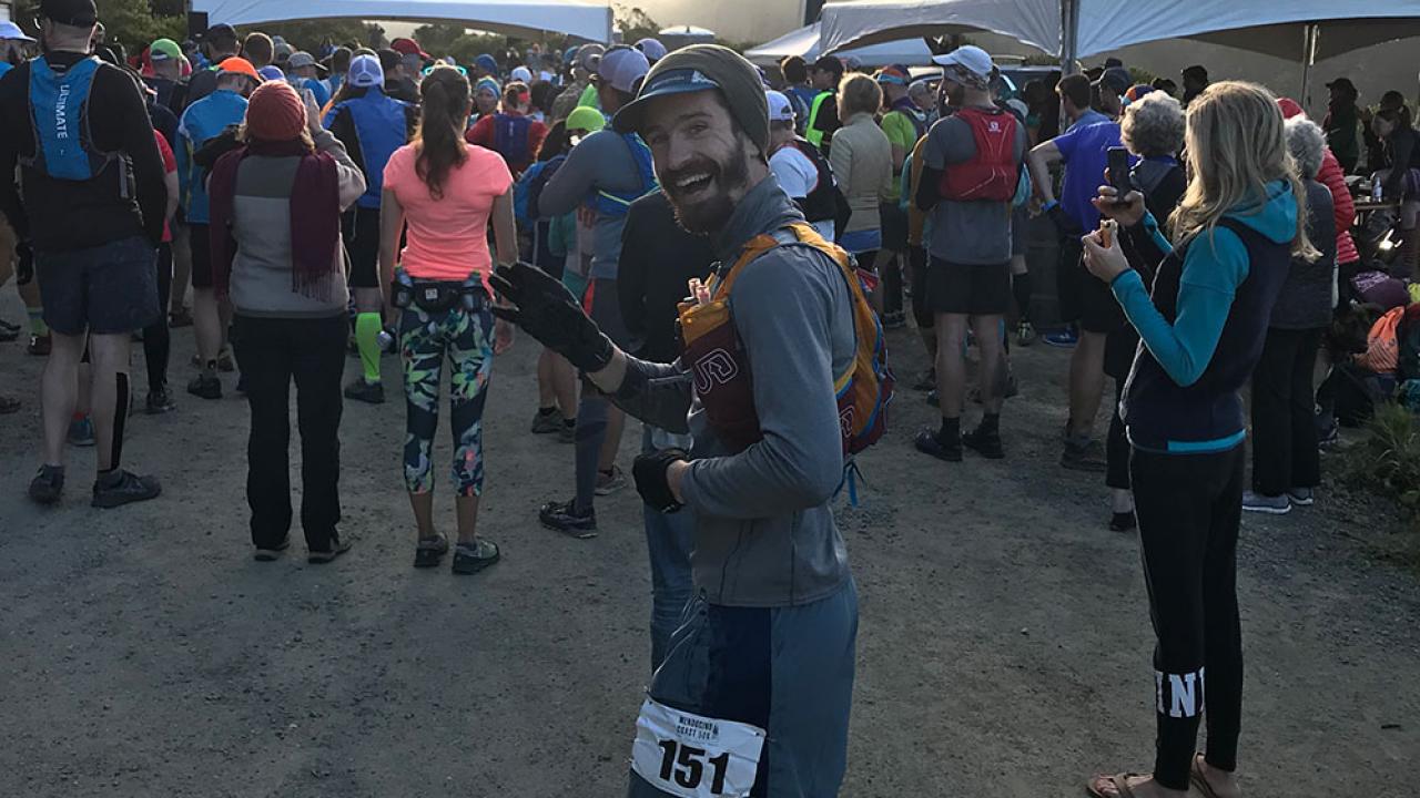 It’s 6:30am and I’m at the start of the Mendocino Coast 50k. Little did I know the amount of leg cramping that awaited me on the trails ahead. Photo credit: Megan Rehder