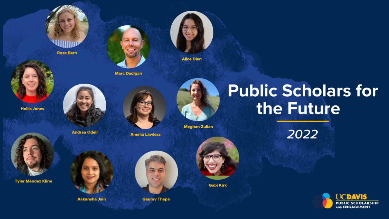 A dark blue banner that reads "Public Scholars for the Future 2022" with photos of 11 people.