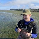 A person in outdoor gear and a green baseball cap kneeling in a shallow meadow of eelgrass