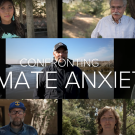 Several portraits of scientists in the background, with the words Confronting Climate Anxiety in the foreground