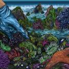 A colorful illustration of a tidepool, with a gloved hand reaching in towards purple urchins, orange sea stars, green anemones, and other creatures.